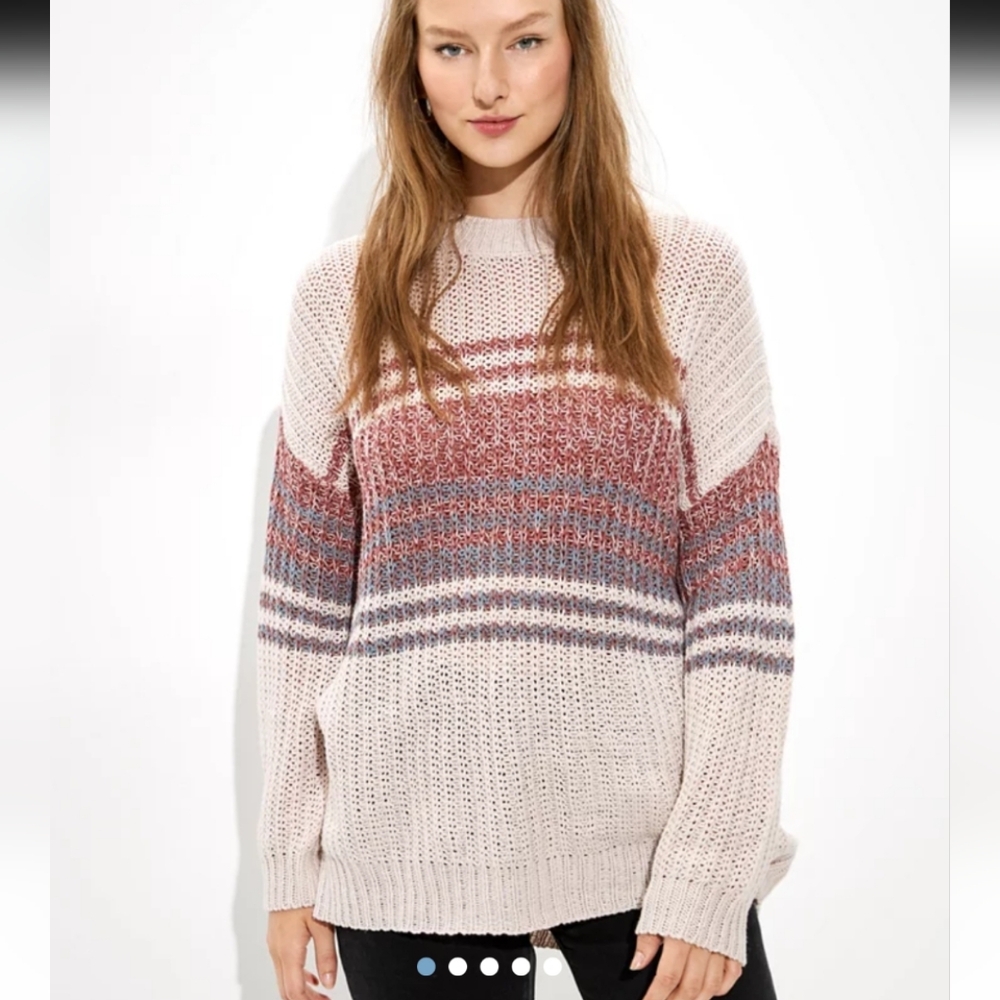 AE American Eagle Oversized Striped Crew Neck Sweater, Beige & Red, Size Small